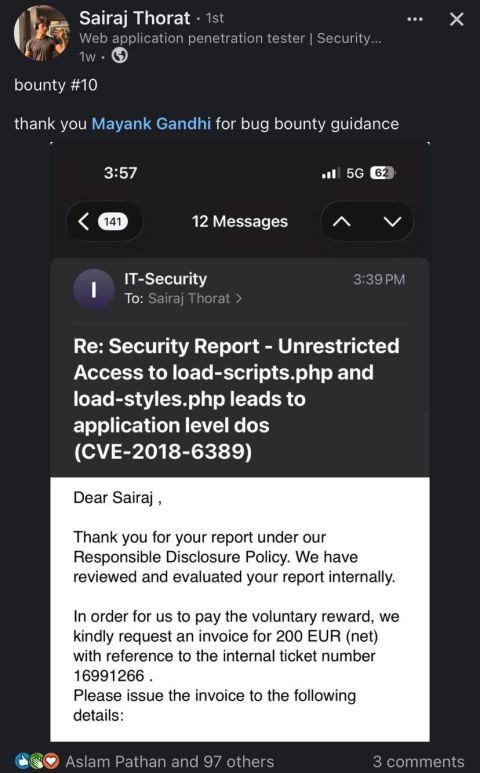 TMG Security student Sairaj Thorat: CVE-2018-6389 DoS bounty