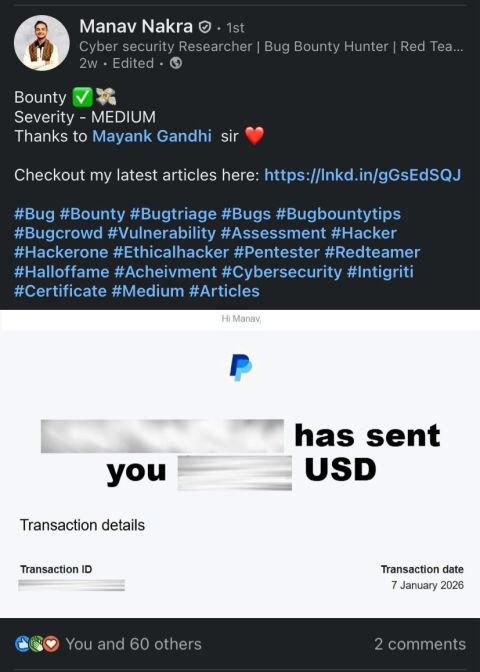 TMG Security student Manav Nakra: Medium-severity bounty, January 2026