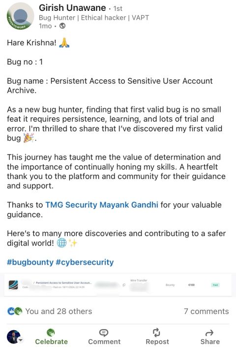 TMG Security student Girish Unawane: First valid bug