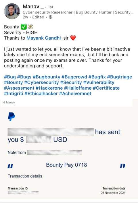 TMG Security student Manav Nakra: High-severity bounty