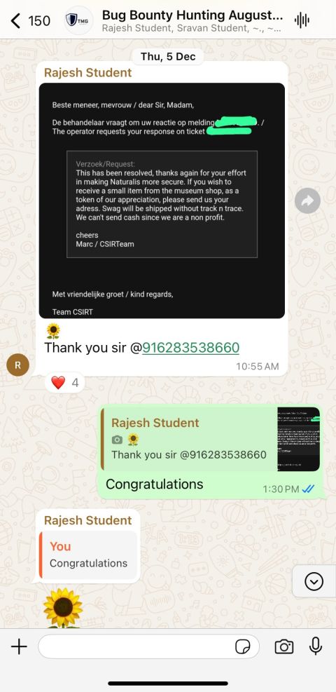 TMG Security student Rajesh Bhandekar: Naturalis museum CSIRT: swag reward for a fixed bug
